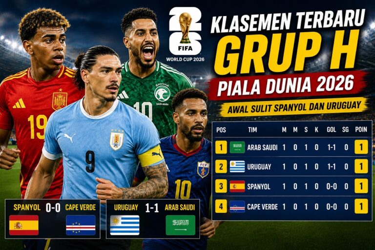 Update klasemen Grup H Piala Dunia 2026 setelah Spanyol ditahan Cape Verde dan Uruguay bermain imbang melawan Arab Saudi.