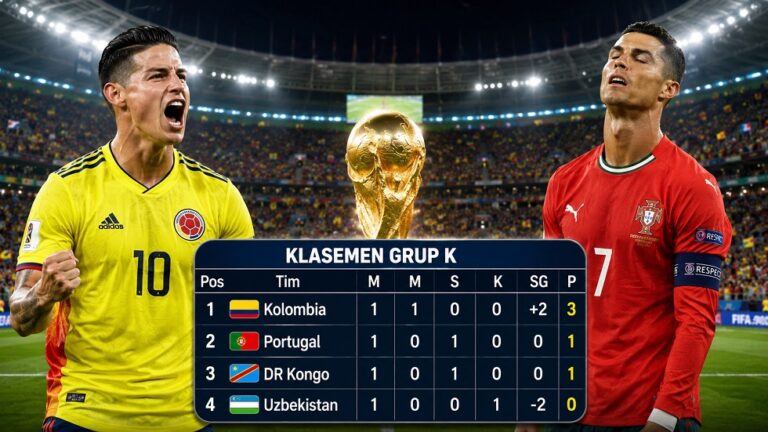 Kolombia memimpin Grup K Piala Dunia 2026 setelah menang 3-1 atas Uzbekistan, sementara Portugal ditahan DR Kongo dengan skor 1-1.