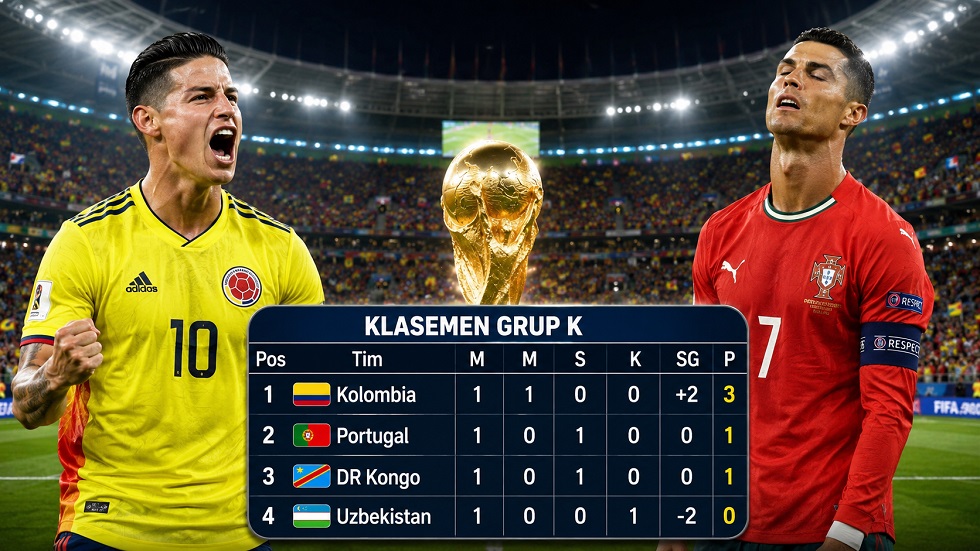 Kolombia memimpin Grup K Piala Dunia 2026 setelah menang 3-1 atas Uzbekistan, sementara Portugal ditahan DR Kongo dengan skor 1-1.