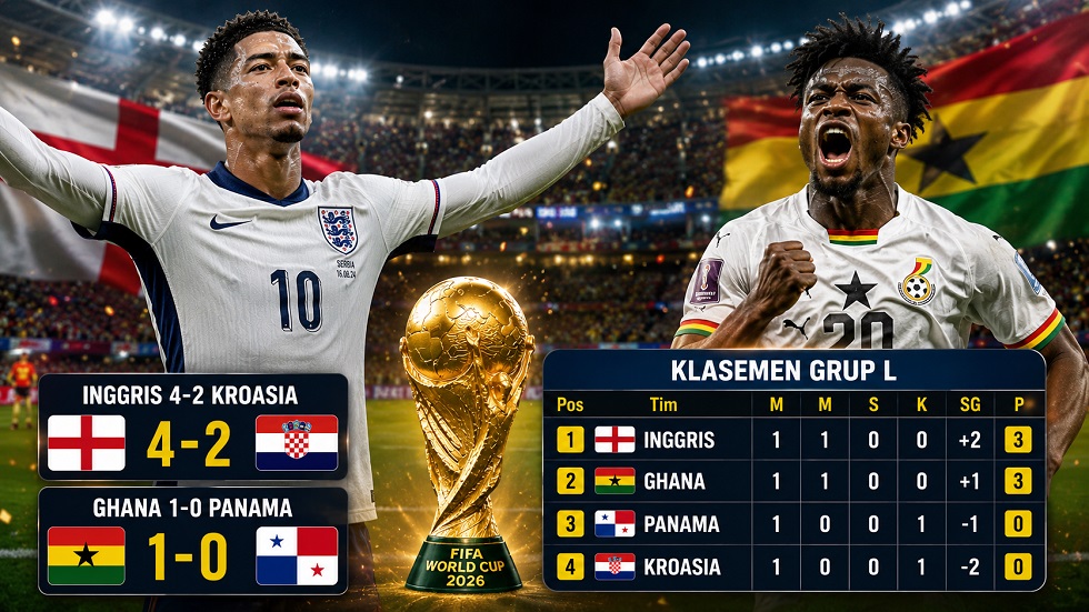 Inggris memimpin Grup L Piala Dunia 2026 setelah menang 4-2 atas Kroasia, sementara Ghana menaklukkan Panama lewat gol injury time.
