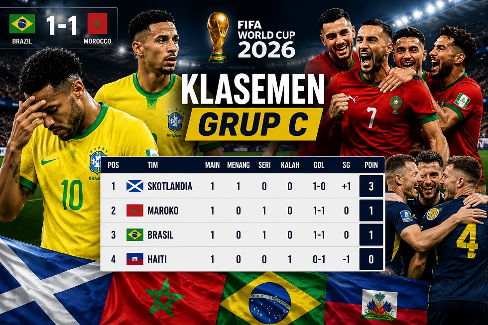 Update klasemen Grup C Piala Dunia 2026 setelah Brasil ditahan Maroko dan Skotlandia mengalahkan Haiti pada laga pembuka.