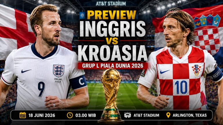 Preview Inggris vs Kroasia di Grup L Piala Dunia 2026, lengkap prediksi susunan pemain, H2H, performa terakhir, dan player to watch.