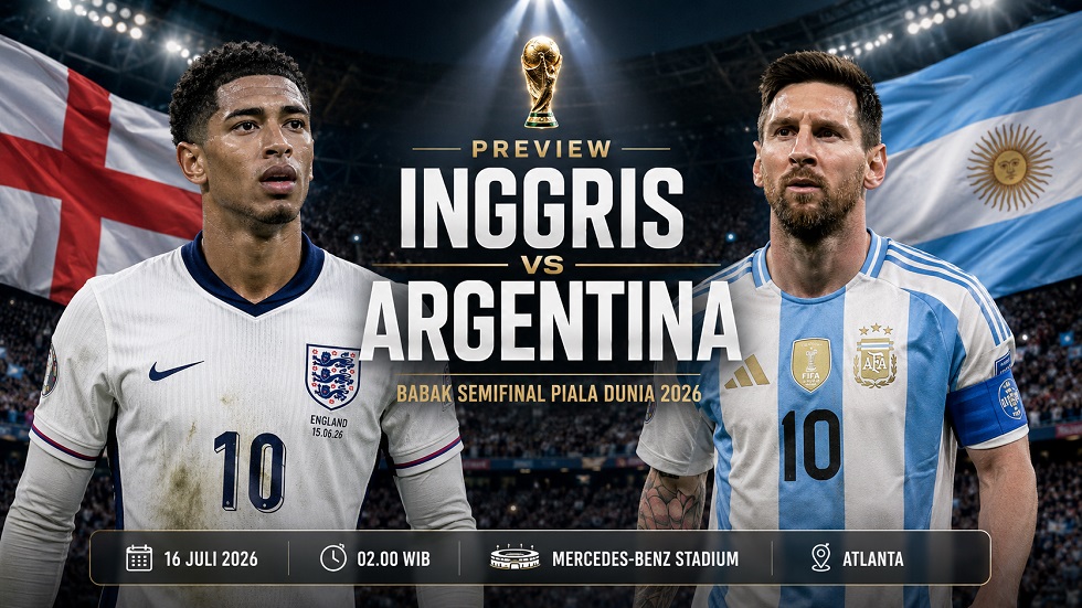 Preview Inggris vs Argentina pada babak semifinal Piala Dunia 2026.