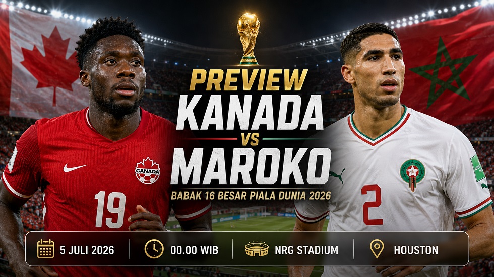 Preview Kanada vs Maroko pada pertandingan babak 16 besar Piala Dunia 2026.