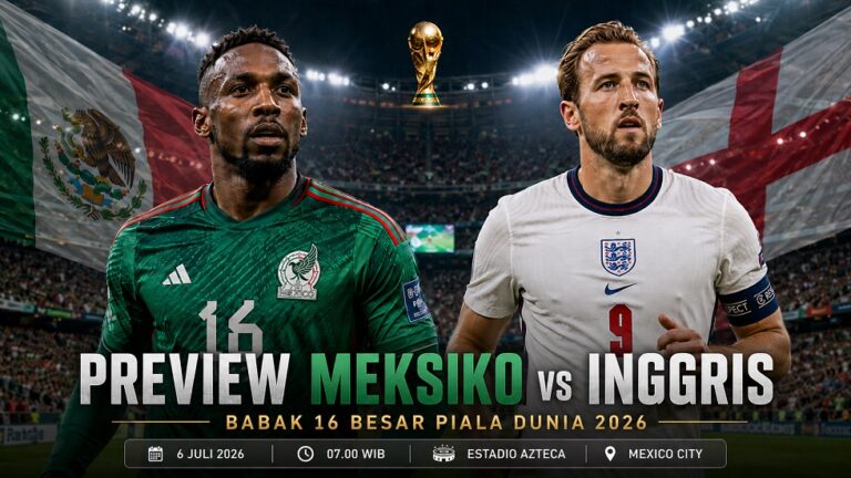 Preview Meksiko vs Inggris pada pertandingan babak 16 besar Piala Dunia 2026.