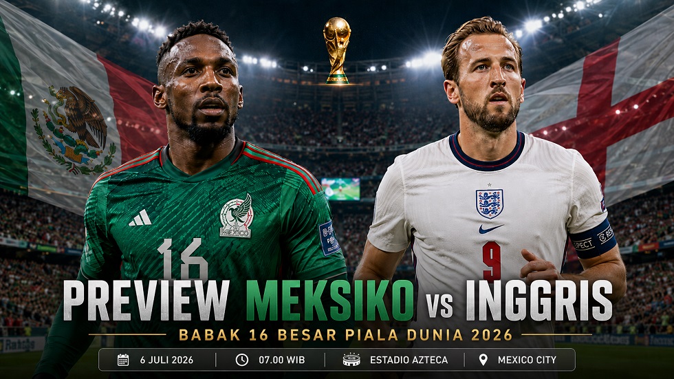 Preview Meksiko vs Inggris pada pertandingan babak 16 besar Piala Dunia 2026.