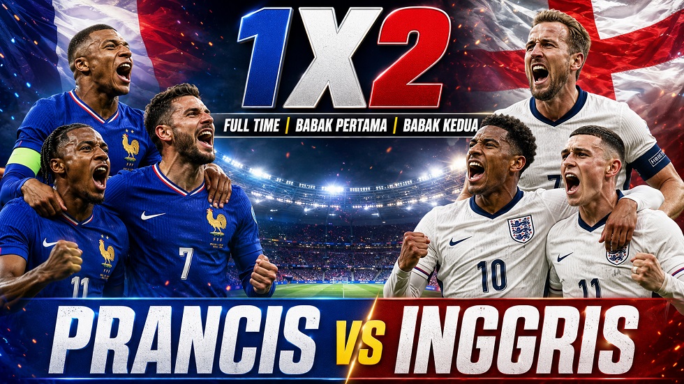 Data analisis 1x2, babak pertama, dan babak kedua dari pertandingan Prancis vs Inggris.